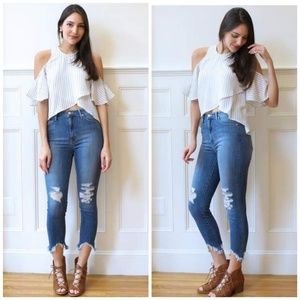 High Rise Cropped Distressed Skinny Jeans / 25